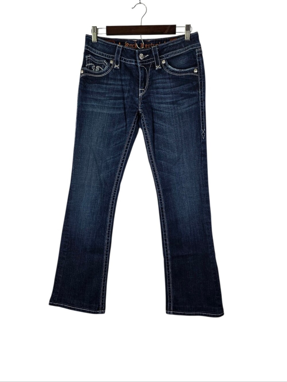 Rock Revival Women's Size 29 Deborah Boot-Cut Denim Jeans Dark Wash Thick Stitch
